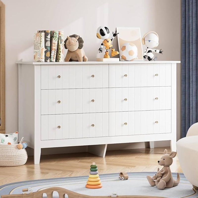 Nursery Dresser Ribbed Surface Gold Knobs White Finish