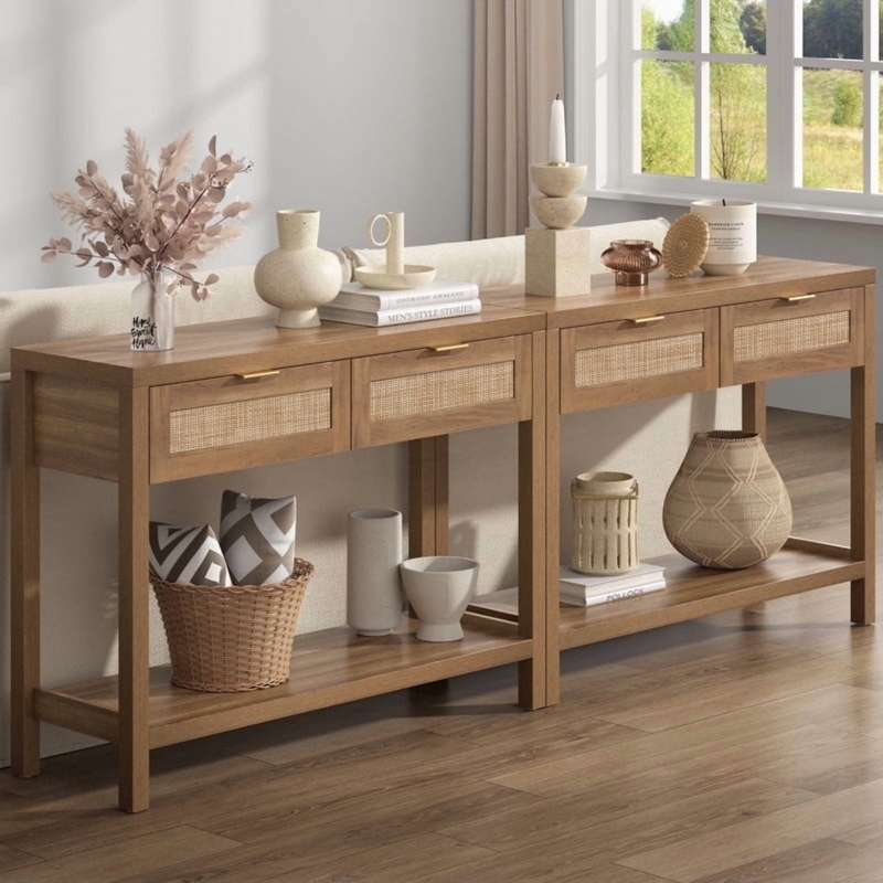 Oak Console Table Woven Cane Inlay Drawers Open Shelf Boho Modern