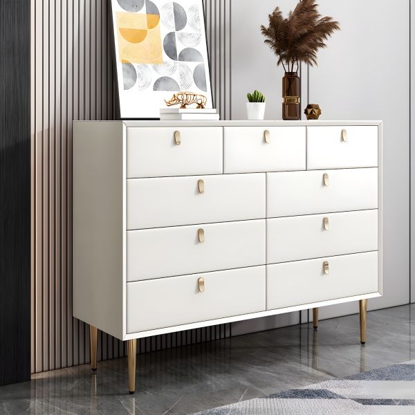 Off-White Dresser with Nine Drawers and Gold Tapered Legs