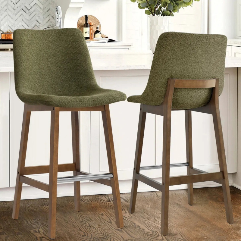 Olive Green Bar Stool Textured Fabric Wood-Toned Frame Tapered Legs