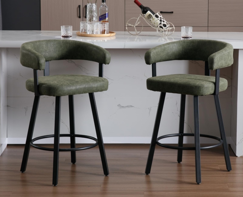 Olive Green Counter Stools Wraparound Back Circular Footrest Black Metal