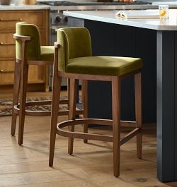 Olive Green Velvet Counter Stools with Low Backrest and Wood Frame