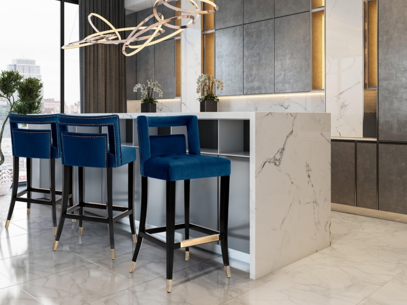 Open Back Bar Stool in Navy Velvet with Gold Footrest and Tapered Legs
