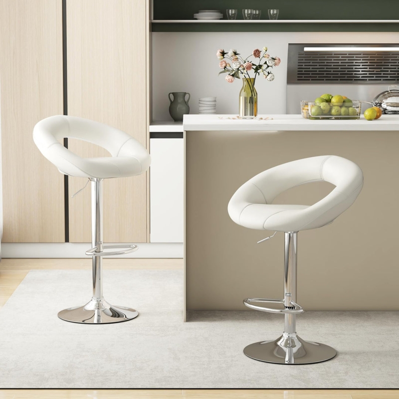 Open Back Bar Stools, White Faux Leather with Polished Chrome Pedestal