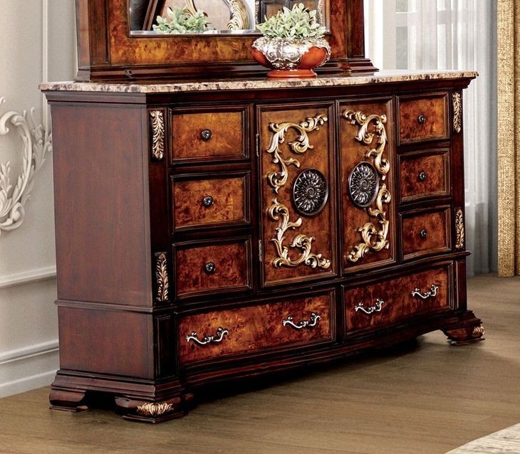 Opulent Dresser with Burl Wood Panels and Gold Scrollwork Accents