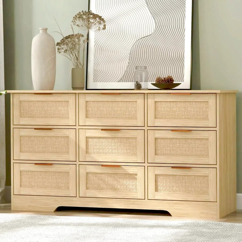 Organic 9-Drawer Dresser, Rattan Fronts & Gold Handles