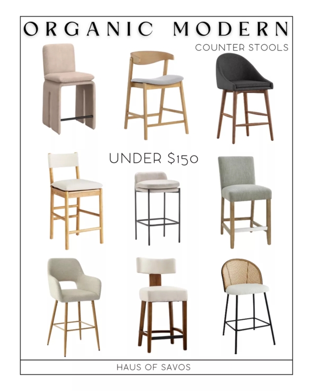 Organic Modern Counter Stool Collection: Sculptural Bases, Mixed Materials