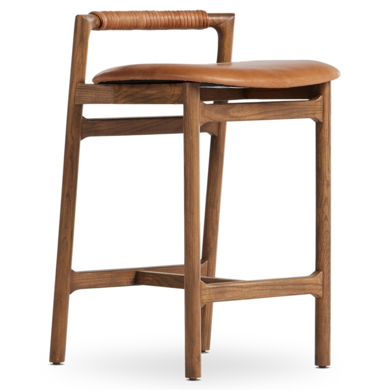 Organic Modern Counter Stool Ribbed Backrest Wrap Tobacco Brown