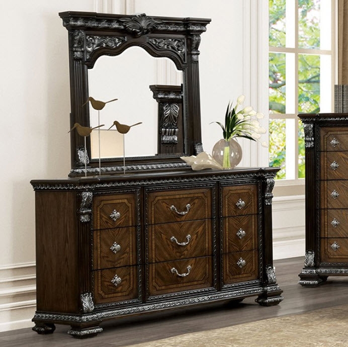 Ornate Dresser with Shell Carving and Antique Silver Scrollwork Accents