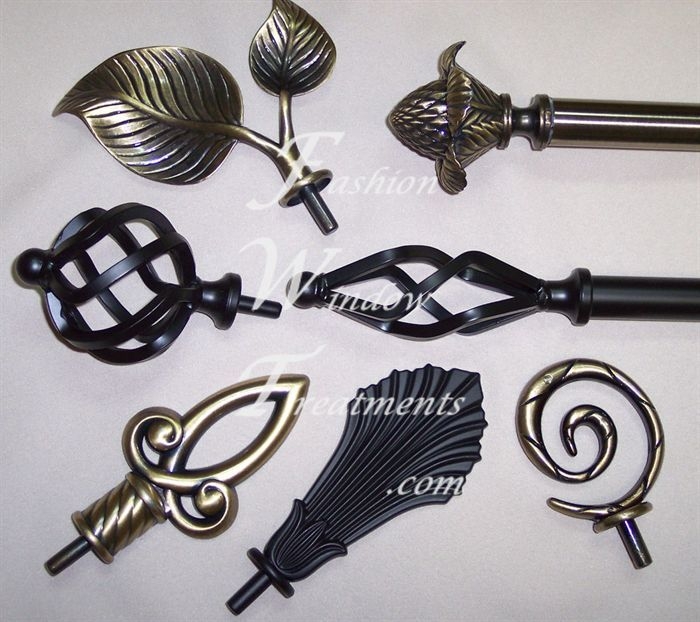 Ornate Metal Curtain Rod Finials featuring Leaf and Cage Motifs