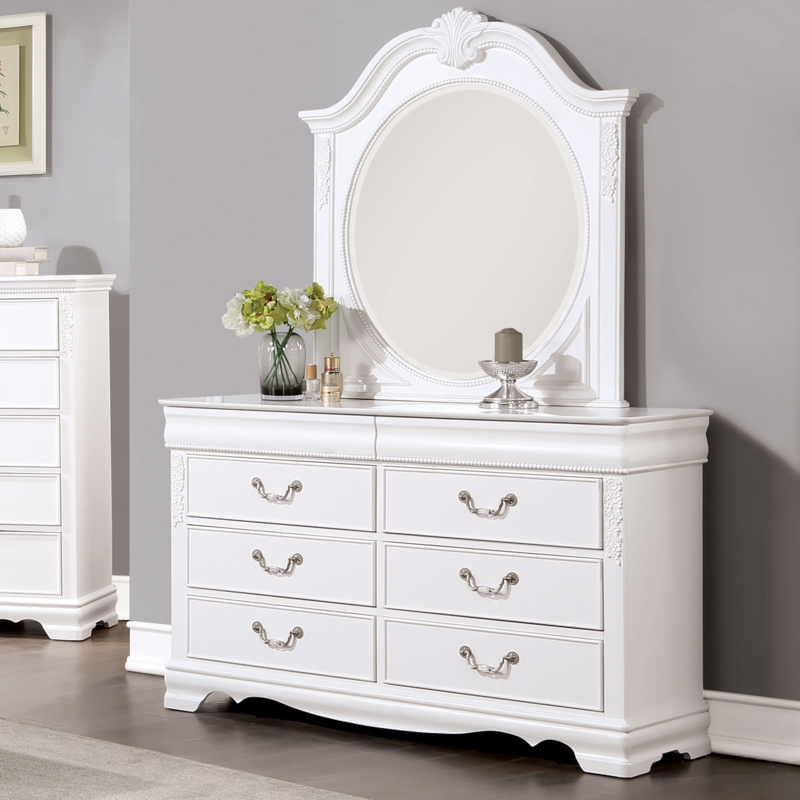 Ornate White Dresser with Mirror Crest and Scalloped Apron Base