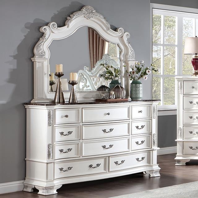 Ornate White Dresser with Mirror: Dark Stone-Look Top & Silver Accents