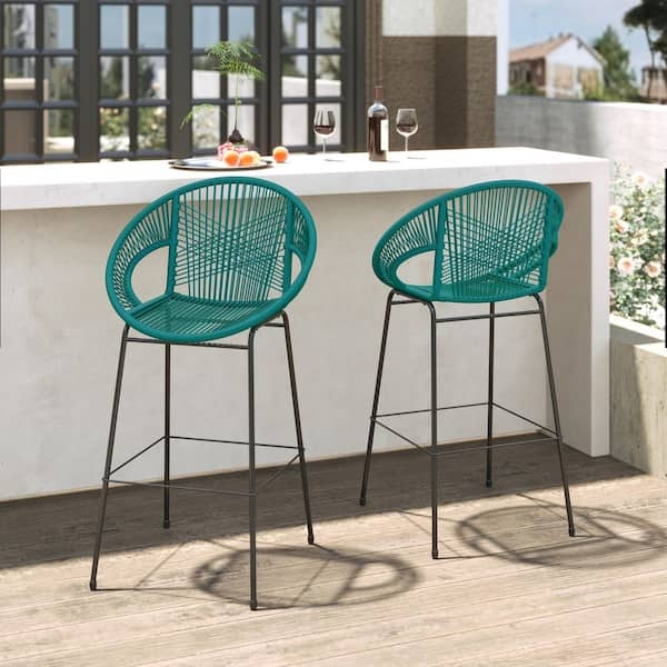 Outdoor Bar Stool Teal Woven Seat Circular Back Modern Patio