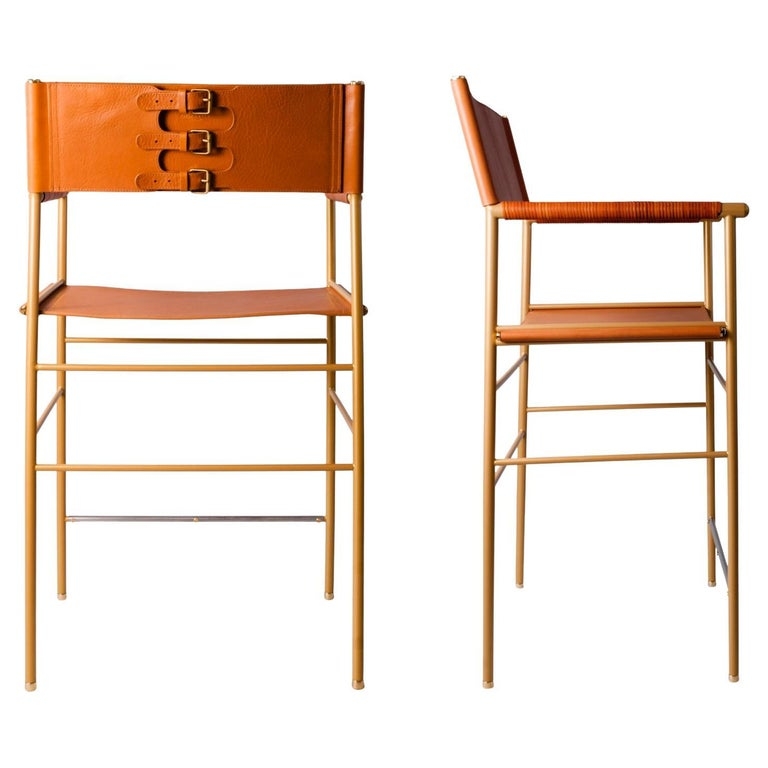 Pair Counter Bar Stool w. Backrest - Tan Leather and Aged Brass Powder  Coated For Sale at 1stDibs