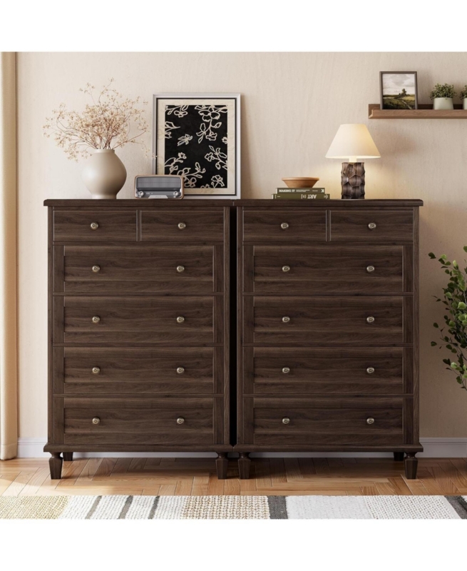 Pair of Tall Dressers Dark Brown Tapered Legs, Side-by-Side Styling
