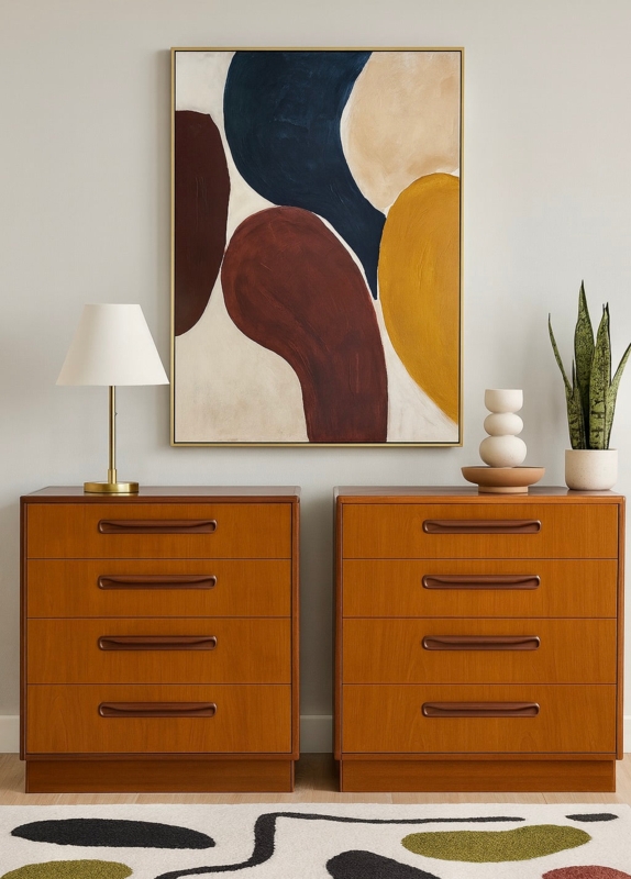 Paired Teak Dressers with Recessed Handles Mid Century Modern