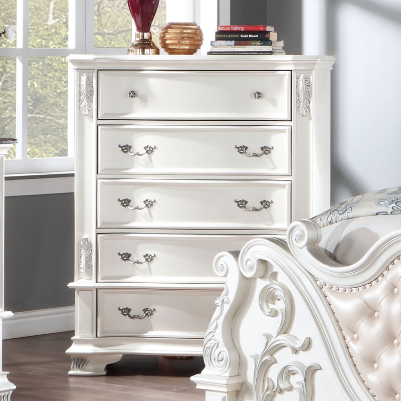 Pearl White Chest of Drawers with Silver-Tipped Carvings