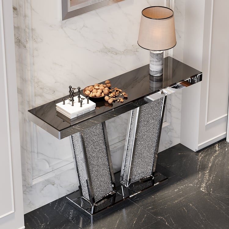 Pedestal Console Table V-Shaped Legs Rhinestone Inlay Black Top