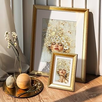 Picture Frame Brushed Gold Finish, Matted Floral Art Display