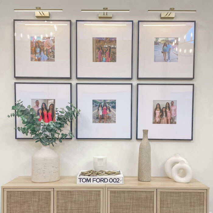Picture Frame Grid Gallery Wall Brass Picture Lights Woven Transitional