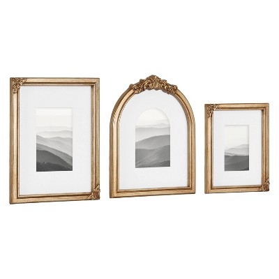 Picture Frame Set Ornate Cresting, Arched Silhouette, Antique Gold