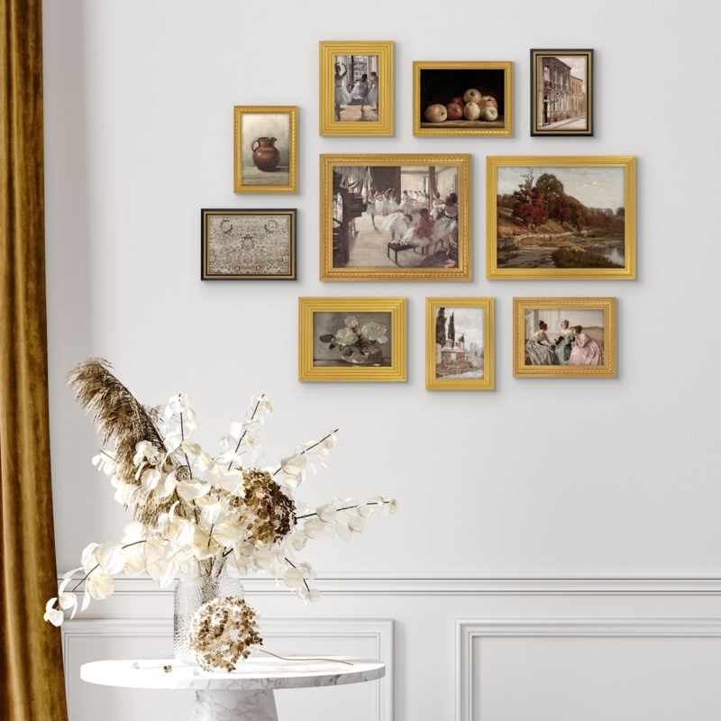 Picture Frame Set Ten-Piece, Varied Moldings, Gold Finish