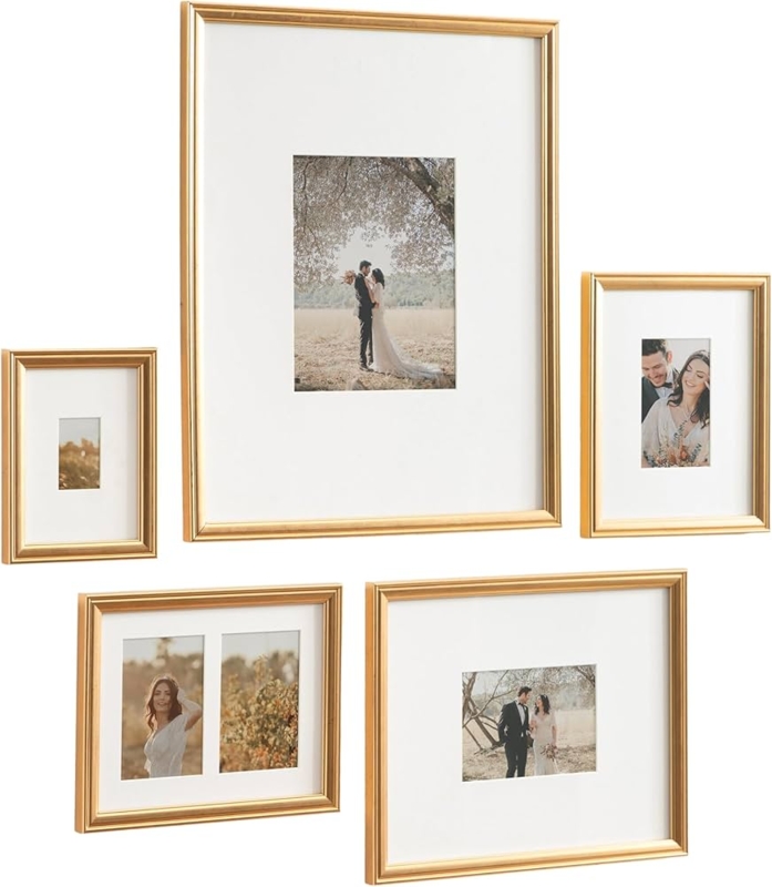 Picture Frame Set Vintage Gold Finish, Five-Piece Gallery Layout