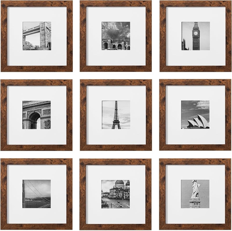 Picture Frame Set Wood Toned Landmark Prints 3x3 Grid Rustic