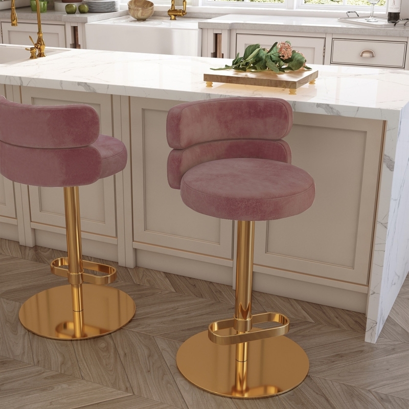 Pink Velvet Bar Stools Gold Pedestal Base Channel Back Glam Style