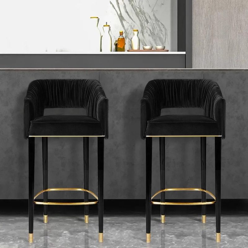 Pleated Back Velvet Bar Stools with Gold Accents and Open Silhouette
