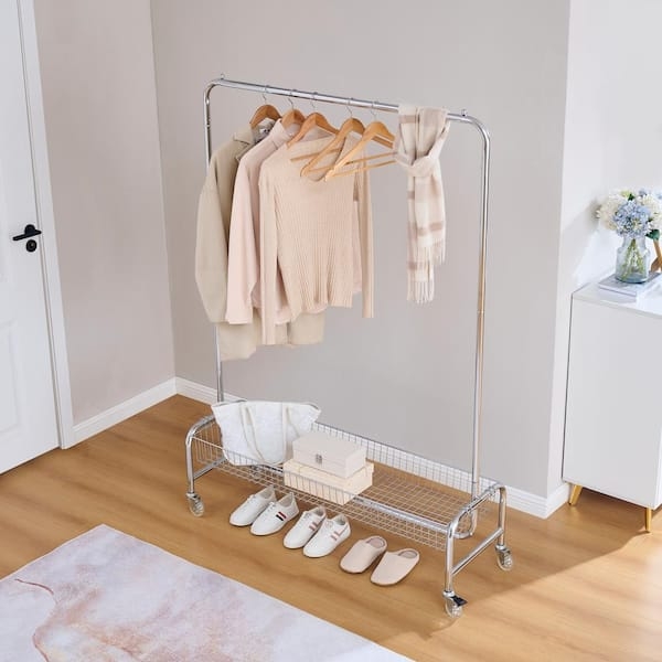 Polished Chrome Clothing Rack, Rolling Casters, Integrated Wire Basket