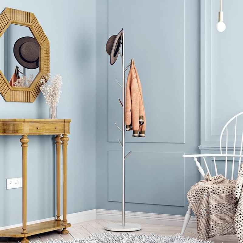 Polished Silver Coat Rack, Slender Staggered Hooks, Stone-Like Base