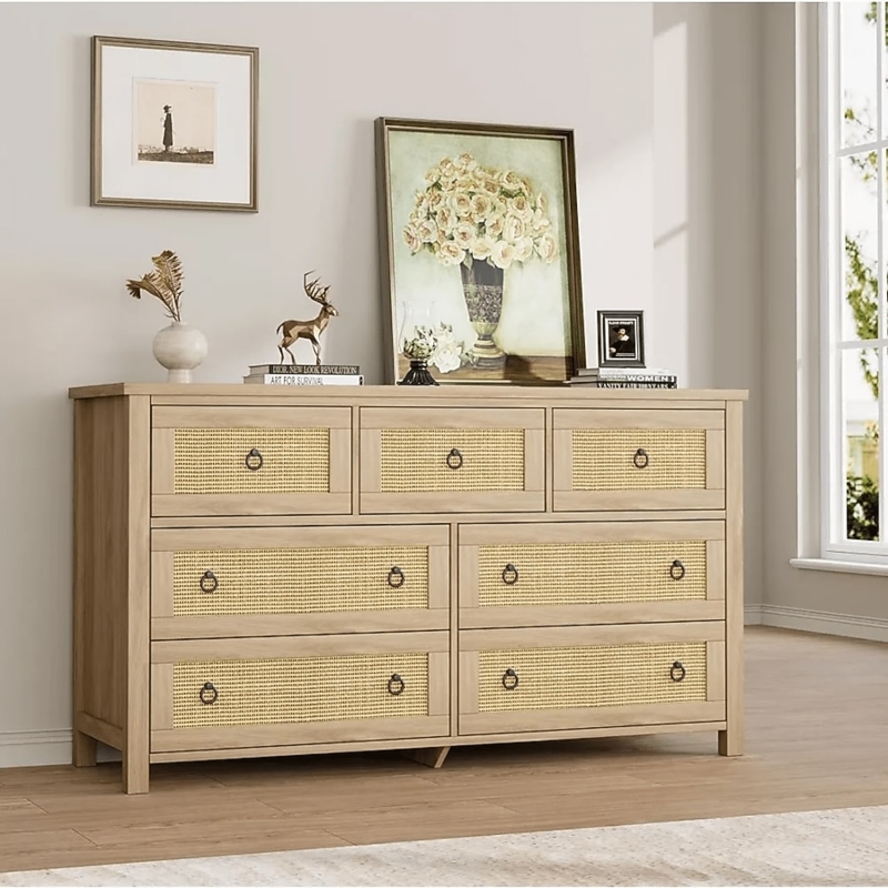 Rattan Accent Dresser with Metal Ring Pulls and Seven Drawers