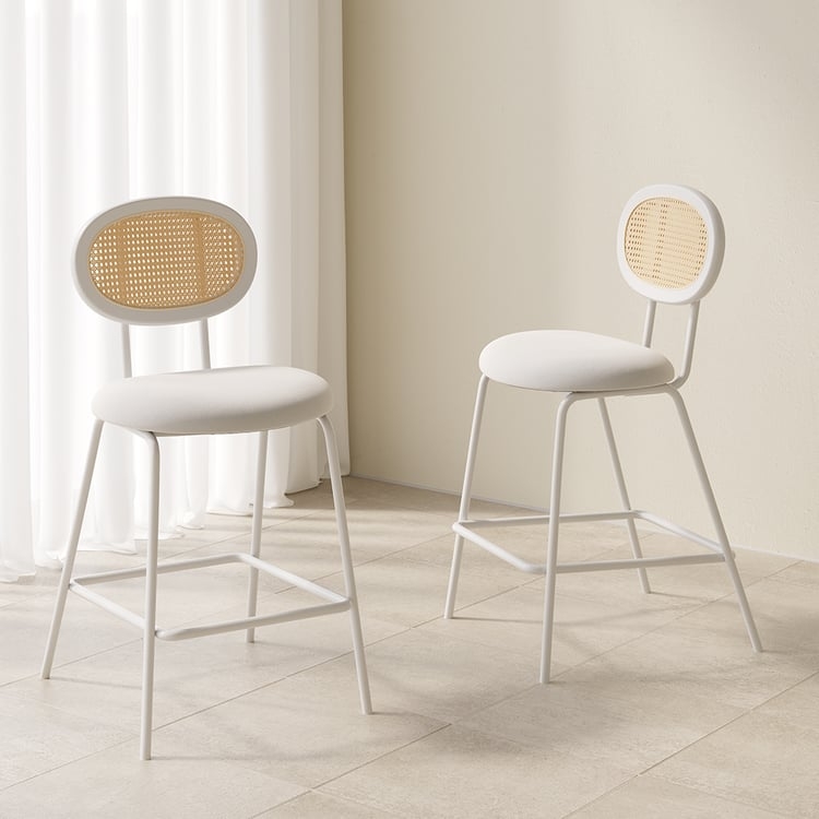 Rattan Cane Oval Back Counter Stool with Upholstered Seat Boho Style