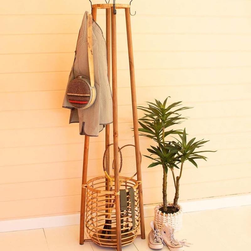 Rattan Coat Rack with Basket, Bohemian Coastal Woven Base
