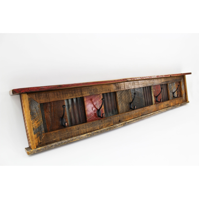 Reclaimed Barnwood Wall Mounted Coat Rack Corrugated Metal Inserts