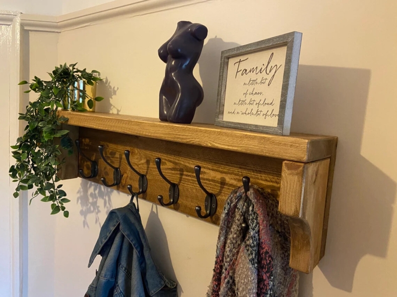 Reclaimed Look Wall Mounted Coat Rack Integrated Shelf Farmhouse