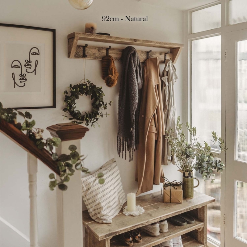 Reclaimed Wood Coat Rack Integrated Shelf Distressed Farmhouse