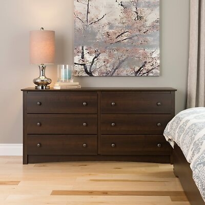 Rectangular Double Dresser with Six Drawers and Simple Round Knobs