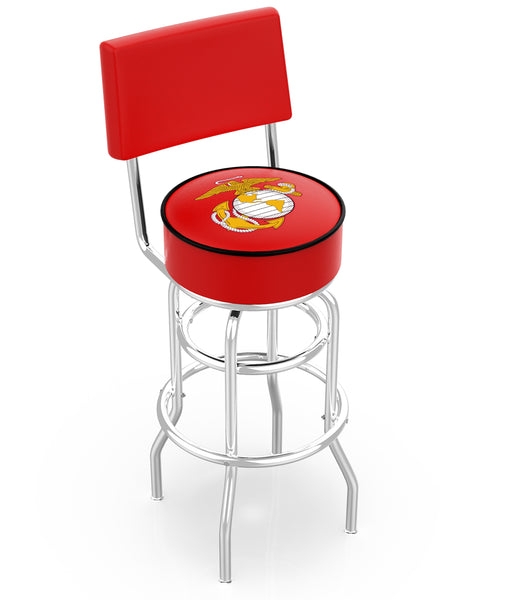 Red Bar Stool with Backrest Marines Emblem Chrome Base Patriotic