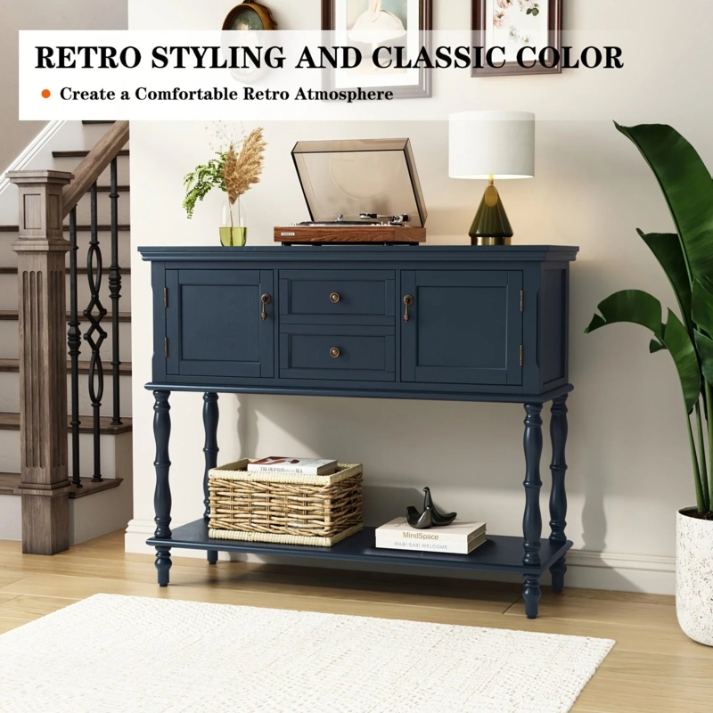Retro Console Table in Navy Blue with Drawers and Cabinets