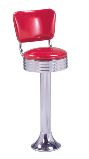 Retro Fountain Bar Stool with Grooved Seat Apron, Red Vinyl