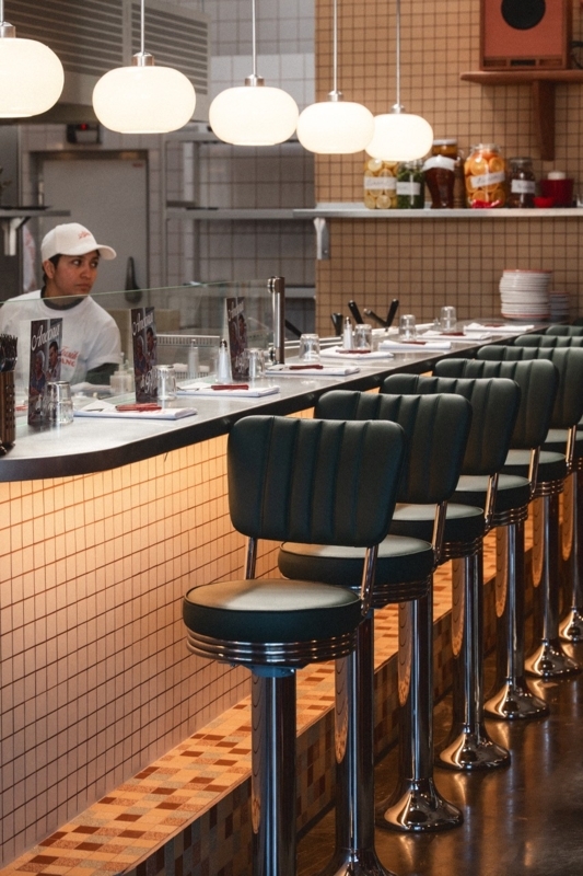 Retro Green Diner Bar Stools Floor Mounted Channel Tufted
