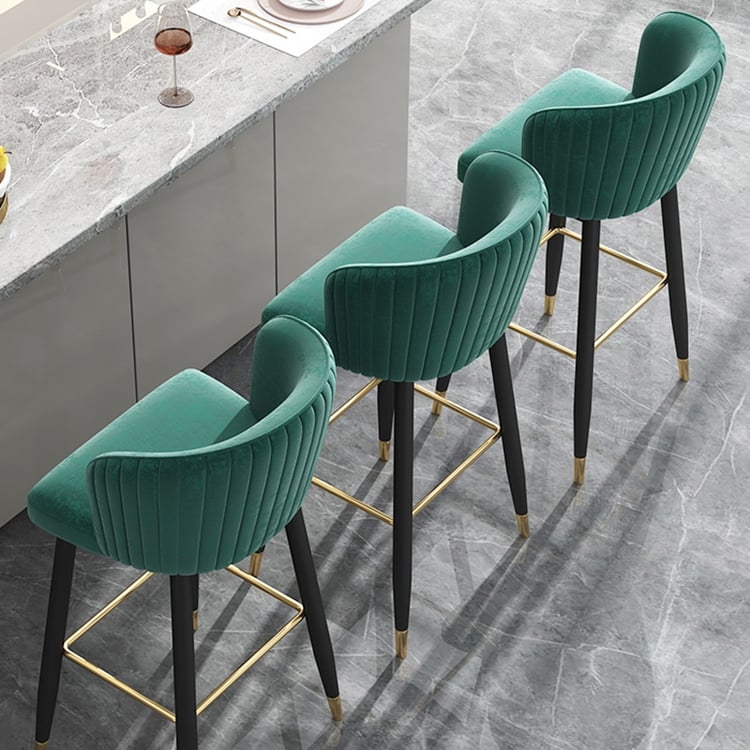 Ribbed Back Bar Stool Emerald Green Velvet Gold-Capped Legs