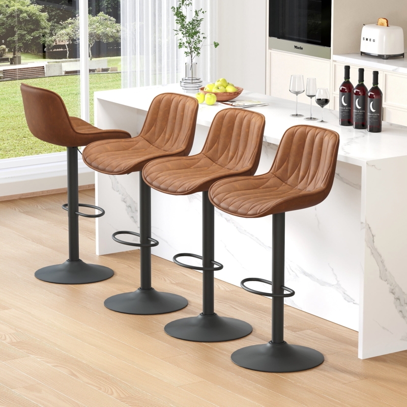 Ribbed Faux Leather Bar Stools, Brown Bucket Seat, Black Pedestal Base
