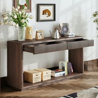 Ribbed Wood Console Table Dark Finish Open Shelf Modern Entryway Storage