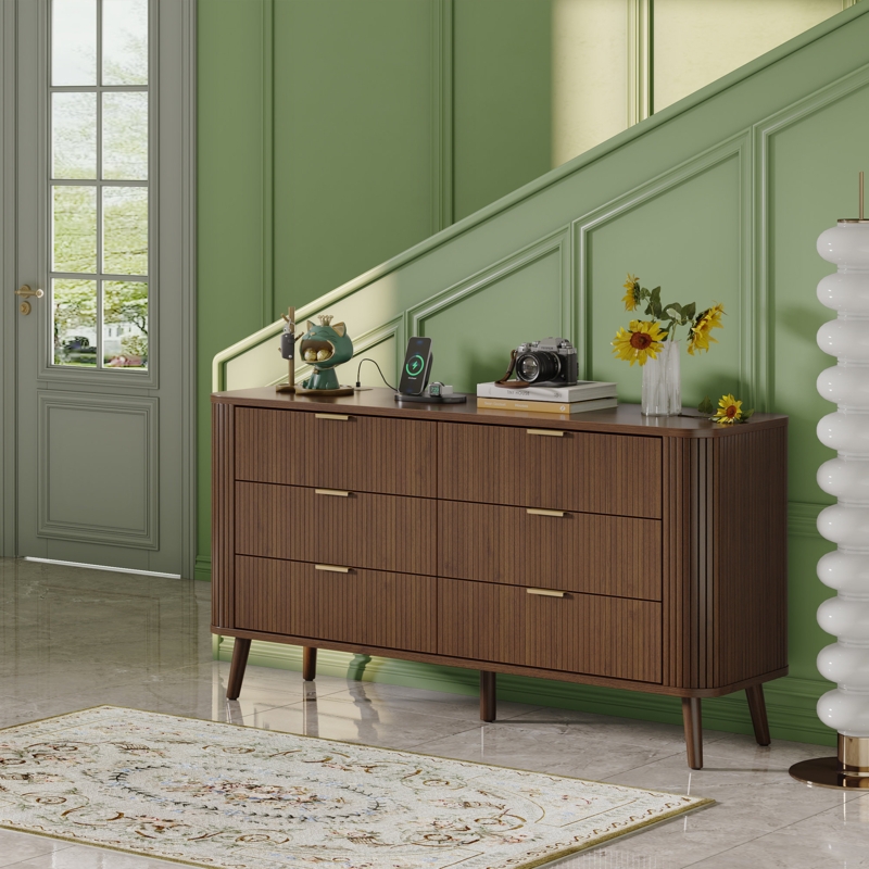 Ribbed Wood Dresser with Curved Profile Mid Century Modern Style