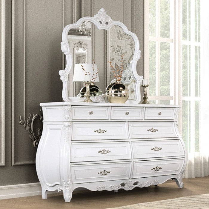 Rococo White Dresser with Bowed Front and Ornate Arched Mirror