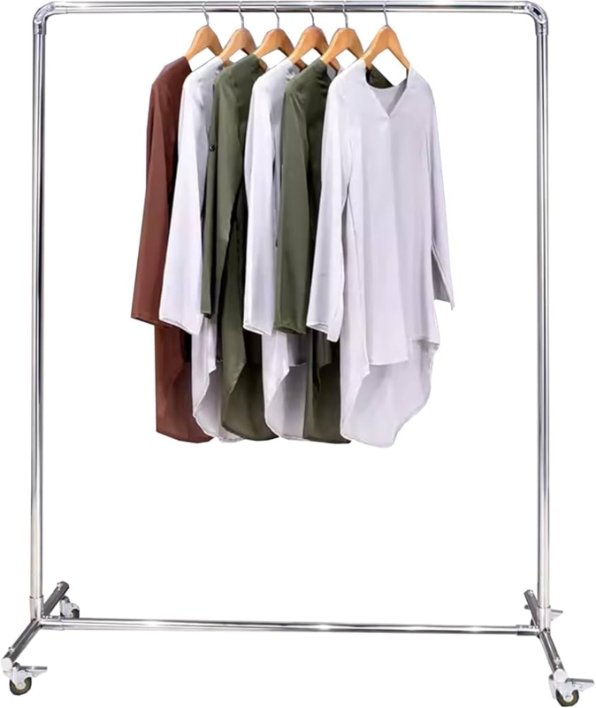 Rolling Garment Rack, Polished Metal Single Rod, Portable Storage