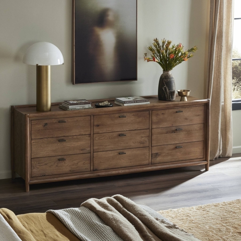 Rustic 9-Drawer Dresser, Weathered Oak & Slim Metal Pulls